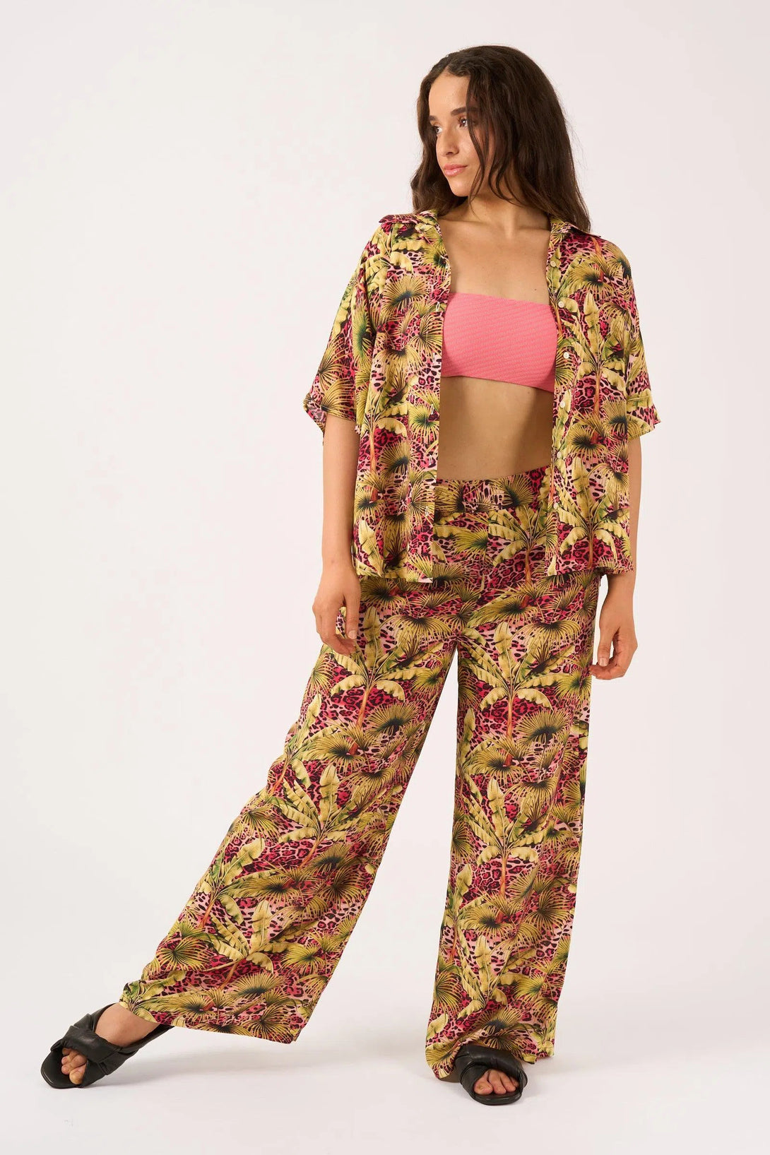 Sustainable Viscose Wide Leg Pant With Pockets - Pink Tropical Leopard-Activewear-Exoticathletica