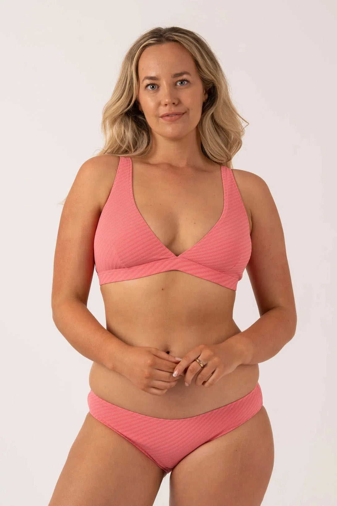 Textured Built Up Deep V Triangle Bikini Top - Bubblegum Pink-Activewear-Exoticathletica