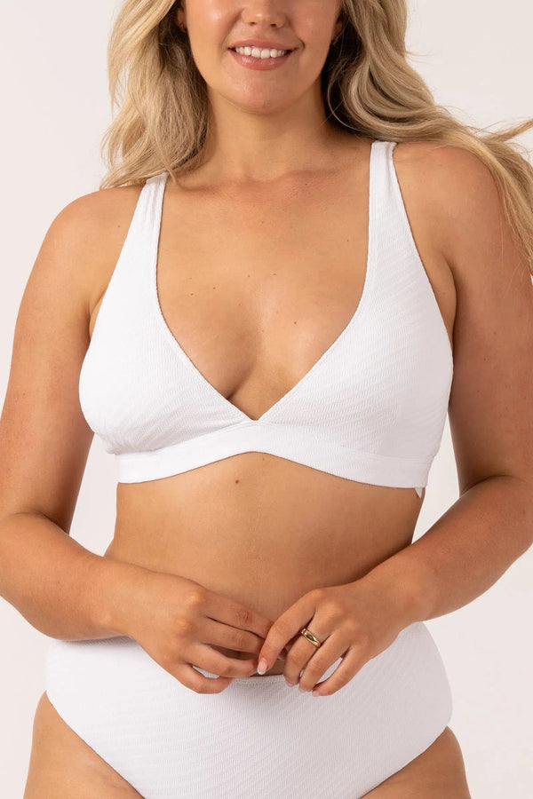 Textured Built Up Deep V Triangle Bikini Top - White-Activewear-Exoticathletica