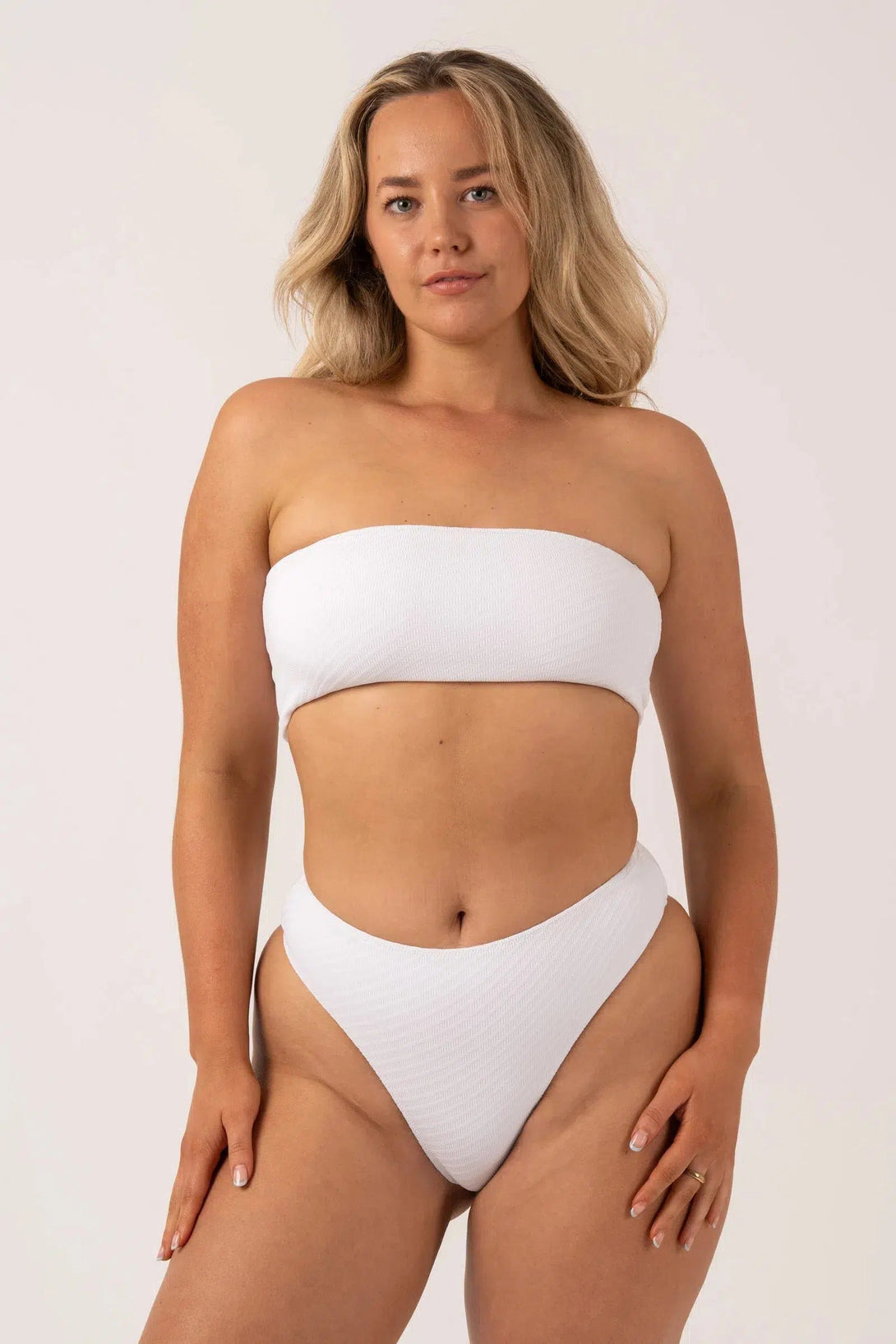 Textured High Waist High Leg Bikini Bottom - White-Activewear-Exoticathletica