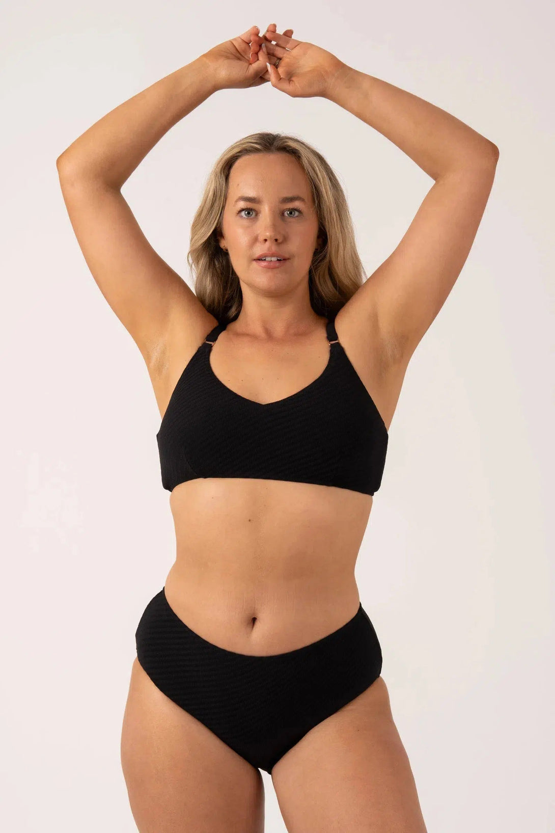 Textured Midi Waist Bikini Bottom - Black-Activewear-Exoticathletica