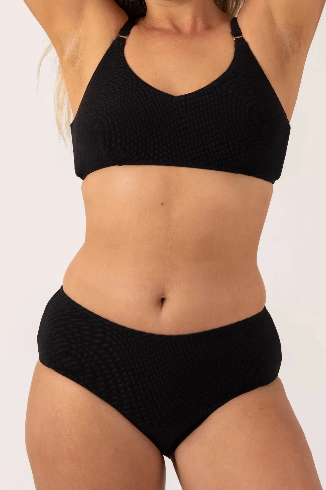 Textured Midi Waist Bikini Bottom - Black-Activewear-Exoticathletica