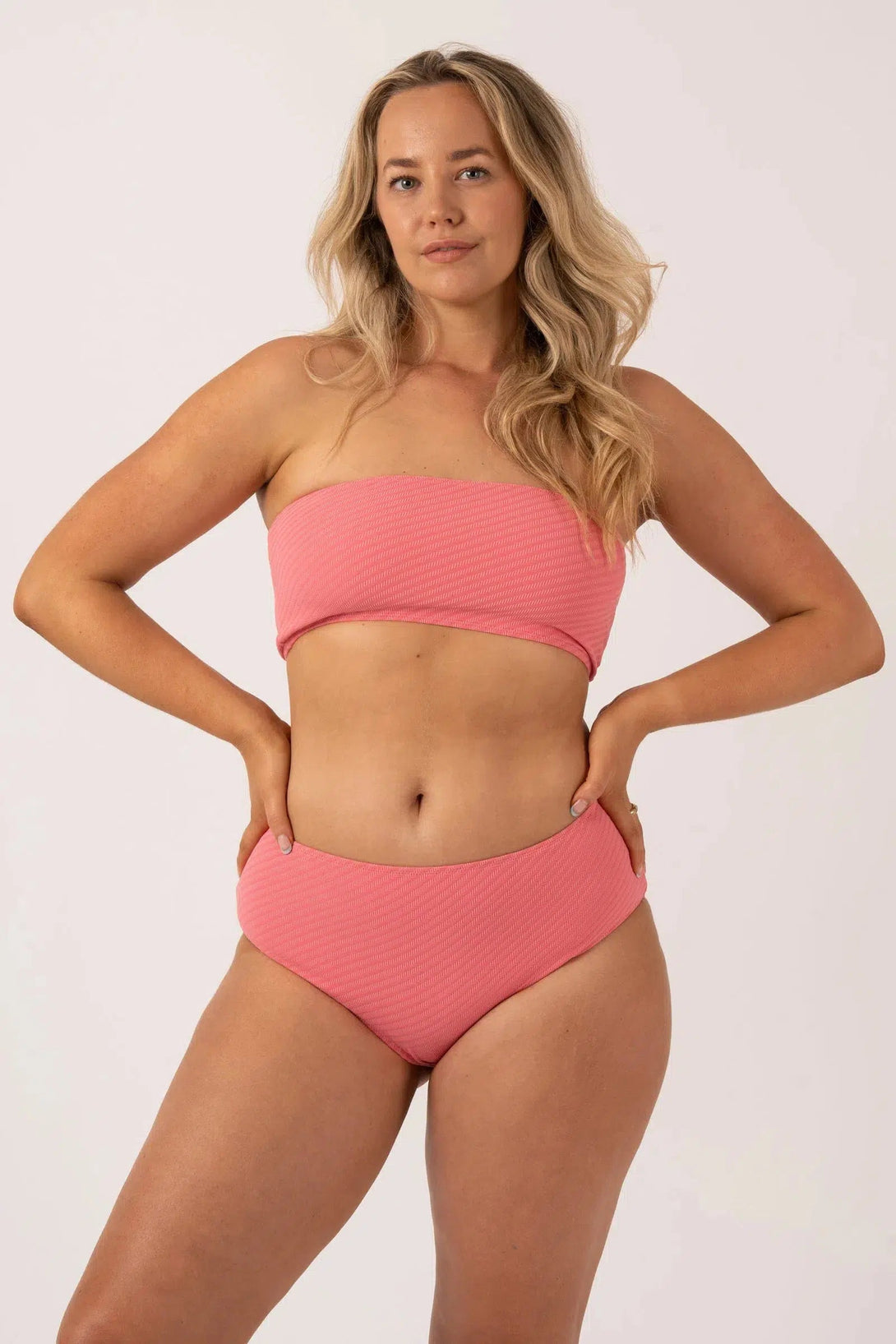 Textured Midi Waist Bikini Bottom - Bubblegum Pink-Activewear-Exoticathletica