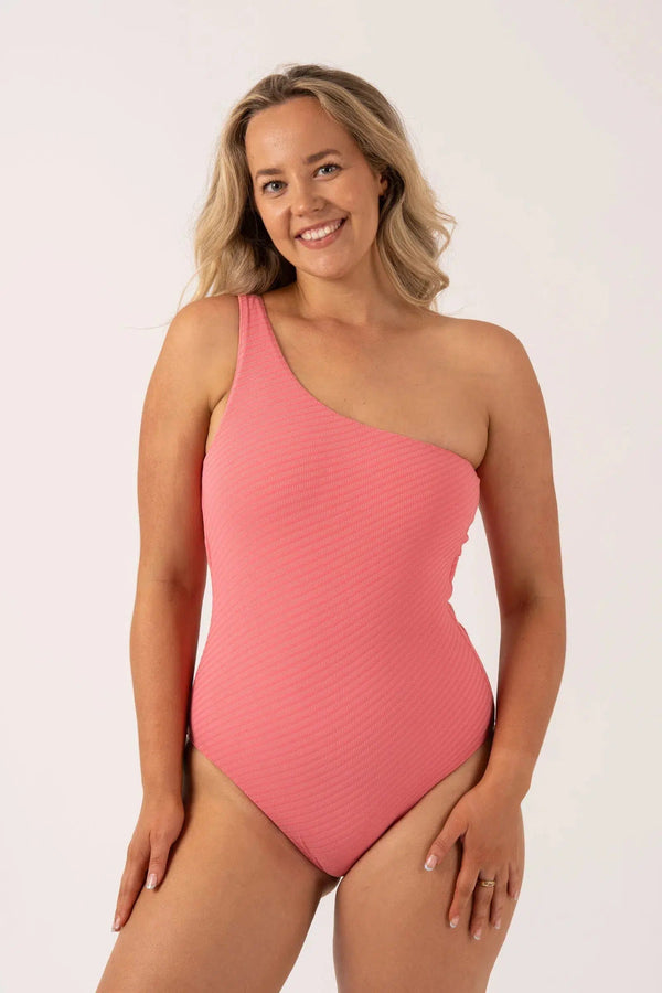 Textured One Shoulder One Piece - Bubblegum Pink-Activewear-Exoticathletica