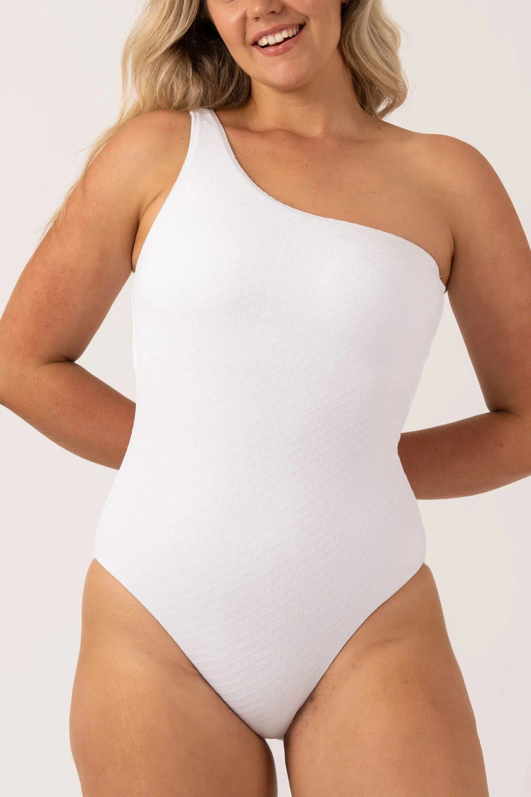 Textured One Shoulder One Piece - White-Activewear-Exoticathletica