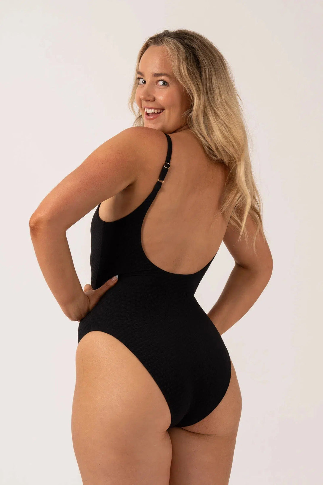 Textured Scoop Neck High Leg One Piece - Black-Activewear-Exoticathletica