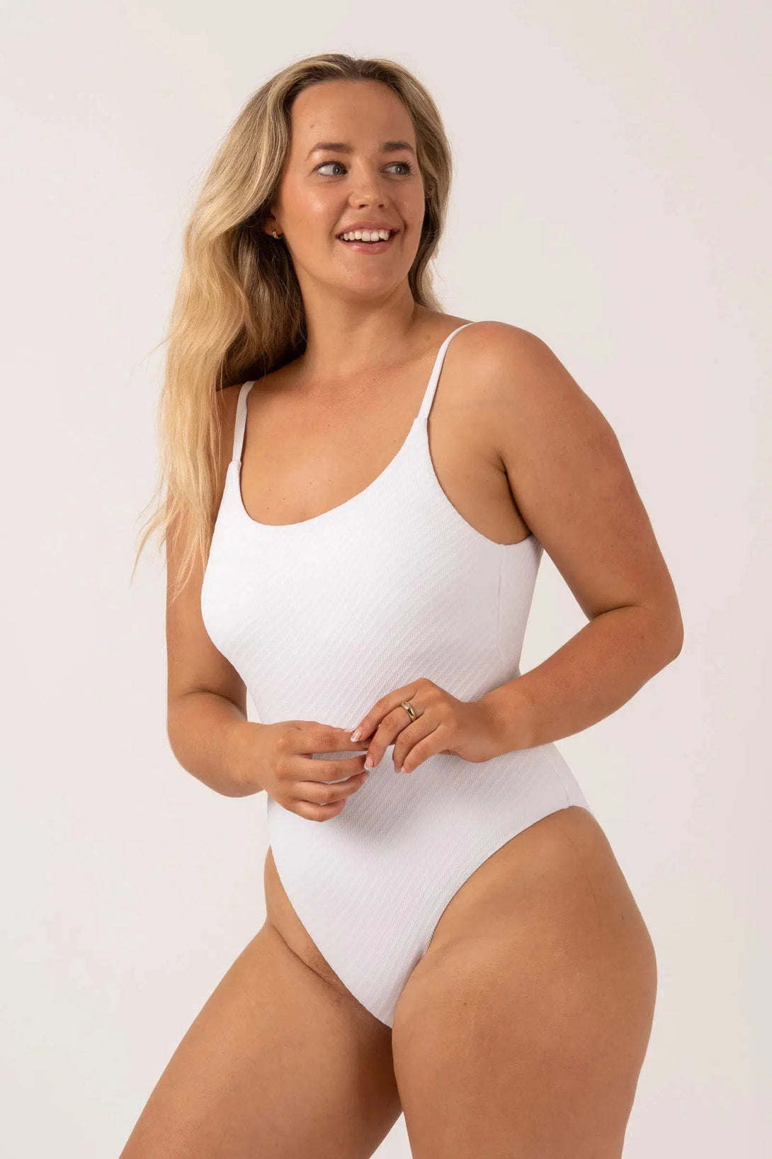 Textured Scoop Neck High Leg One Piece - White-Activewear-Exoticathletica