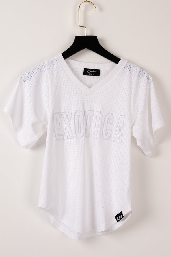 White Bball Mesh - Kids V Neck Exotica Embroidered Boyfriend Tee-Activewear-Exoticathletica