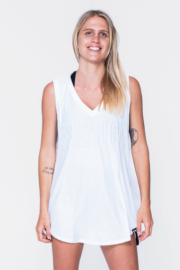 White Bball Mesh - Sleeveless V Neck Exotica White Embroidered Boyfriend Tee-Activewear-Exoticathletica