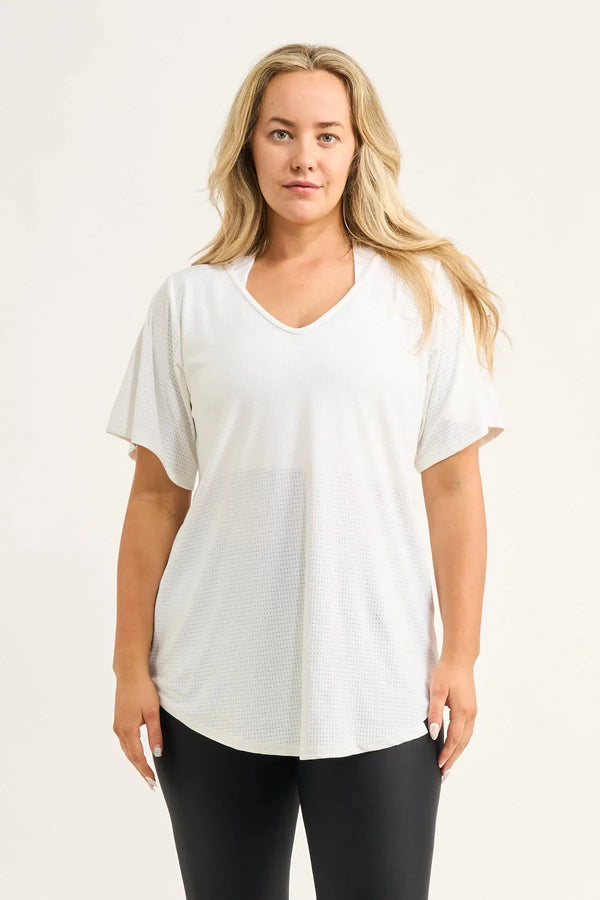 White Bball Mesh - V Neck Boyfriend Tee-Activewear-Exoticathletica