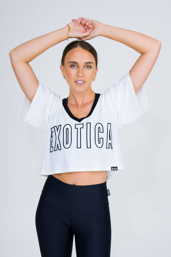White Bball Mesh - V Neck Exotica Black Embroidered Cropped Boyfriend Tee-Activewear-Exoticathletica