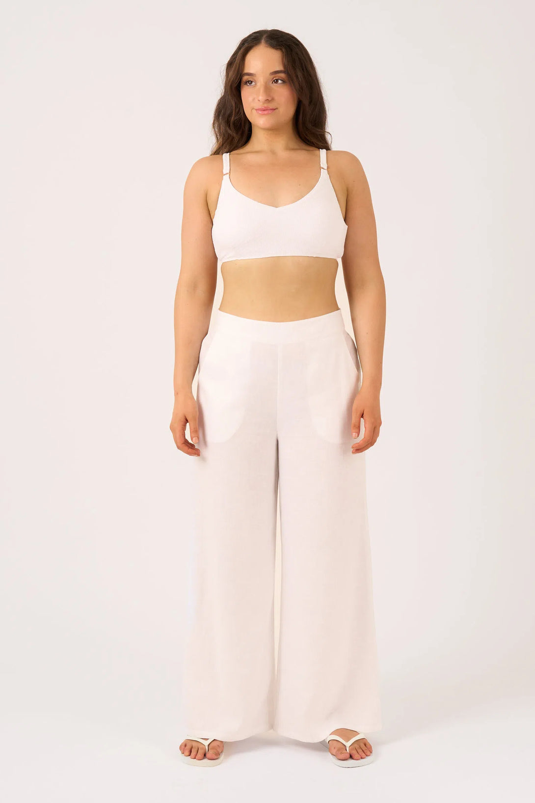 White Linen Blend - Wide Leg Pant With Pockets-Activewear-Exoticathletica