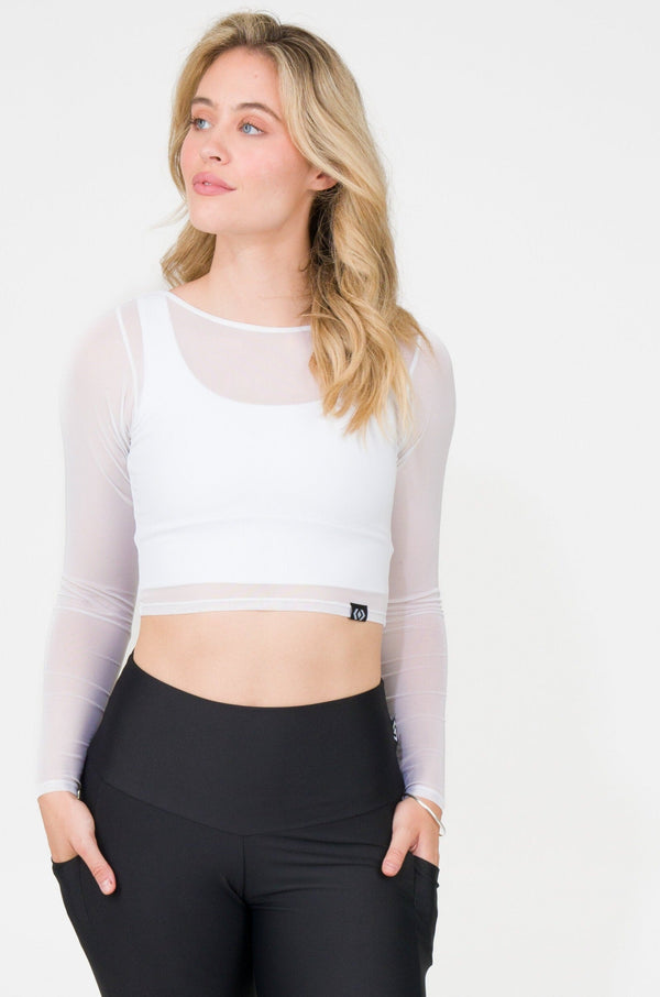 White Net - Fitted Cropped Long Sleeve Tee-Activewear-Exoticathletica