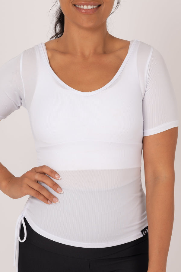 White Rib Knit - Cinched Side Fitted V Neck Tee-Activewear-Exoticathletica