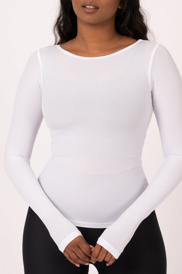 White Rib Knit - Fitted Long Sleeve Tee-Activewear-Exoticathletica