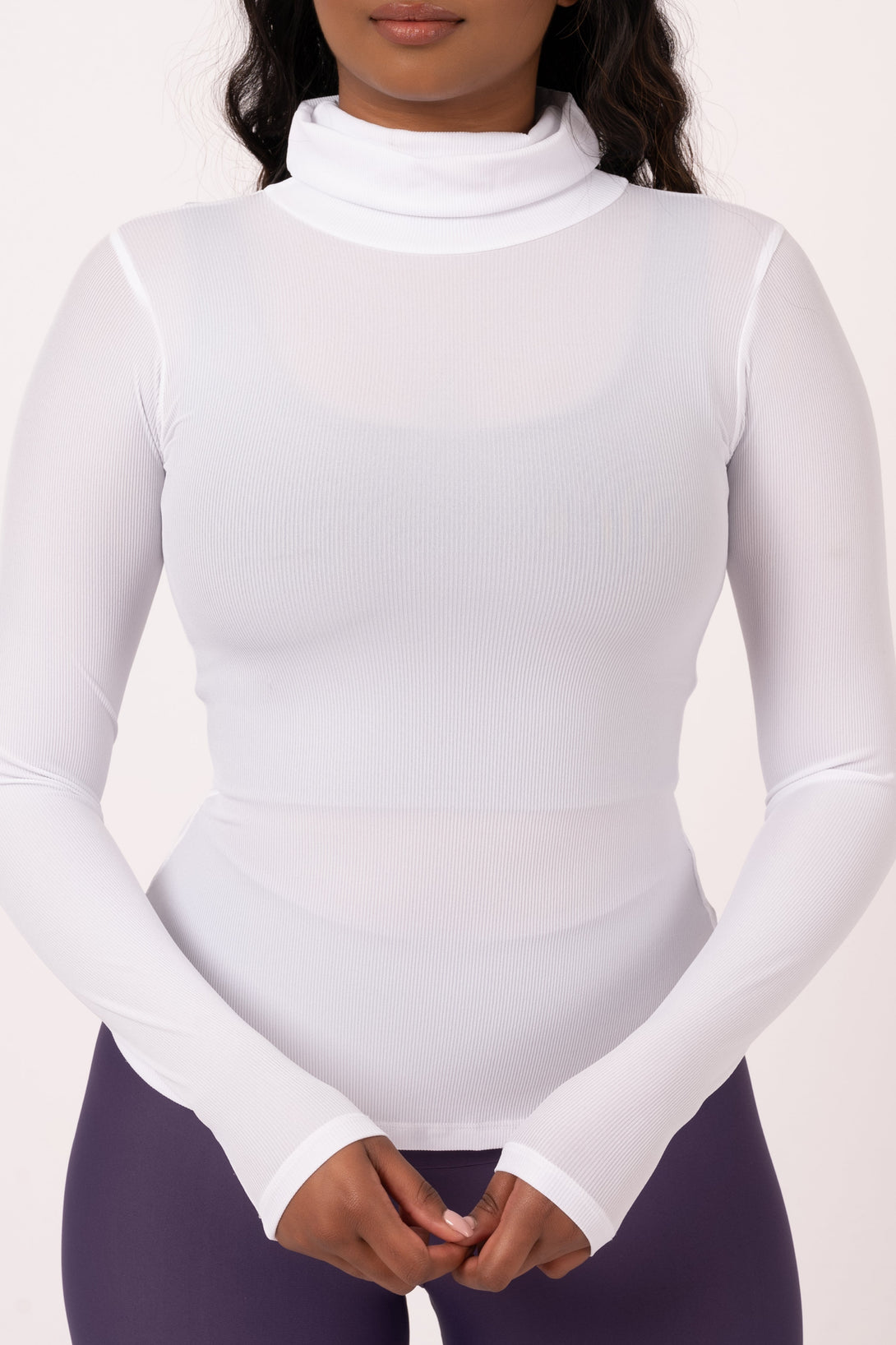 White Rib Knit - Fitted Turtle Neck W Long Sleeves-Activewear-Exoticathletica
