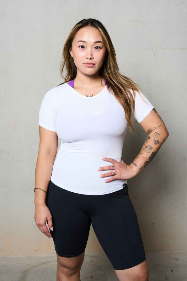 White Rib Knit - Fitted V Neck Tee-Activewear-Exoticathletica