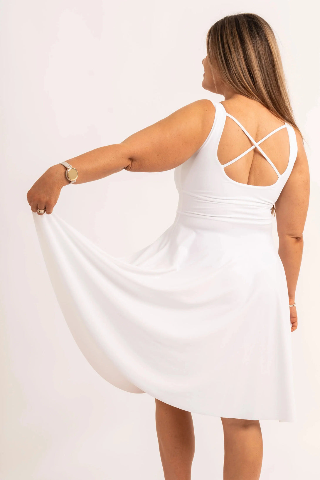 White Silky - Scoop Neck Comfort Crop Midi Dress W/ Pockets-Activewear-Exoticathletica