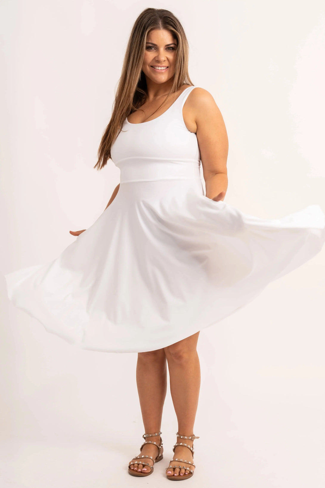 White Silky - Scoop Neck Comfort Crop Midi Dress W/ Pockets-Activewear-Exoticathletica