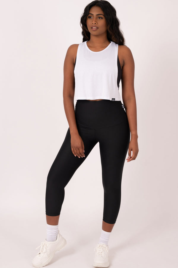 White Slinky To Touch - Cropped Drop Arm Muscle Tank-Activewear-Exoticathletica