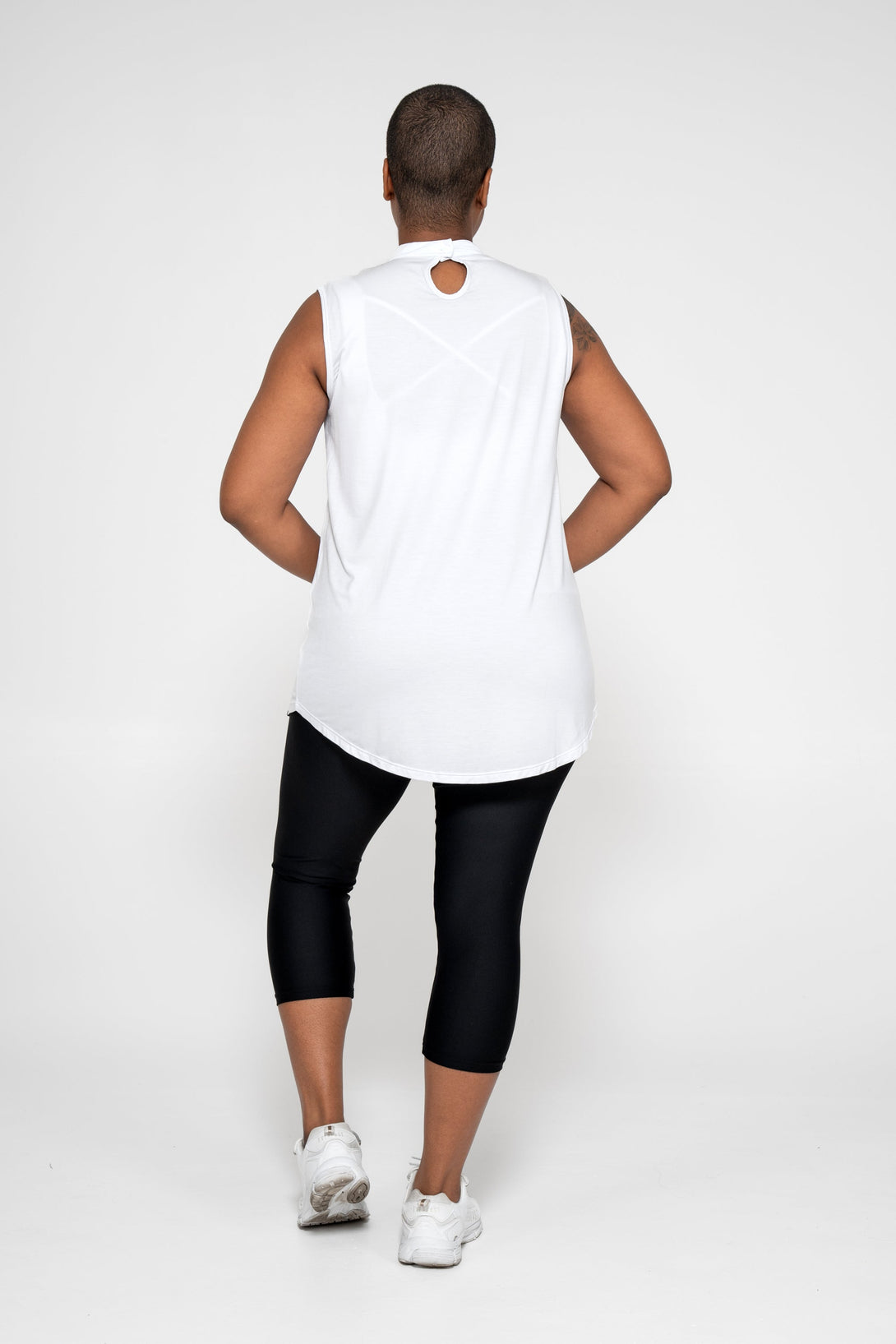 White Slinky To Touch - Ladder V Front Sleeveless Boyfriend Tee-Activewear-Exoticathletica