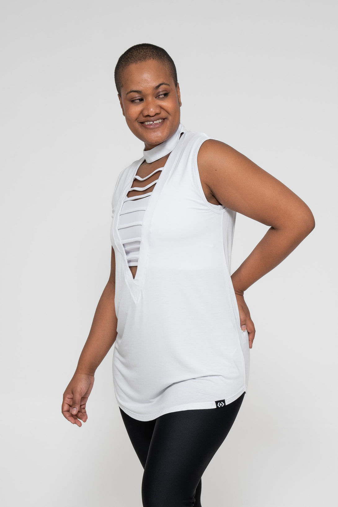 White Slinky To Touch - Ladder V Front Sleeveless Boyfriend Tee-Activewear-Exoticathletica