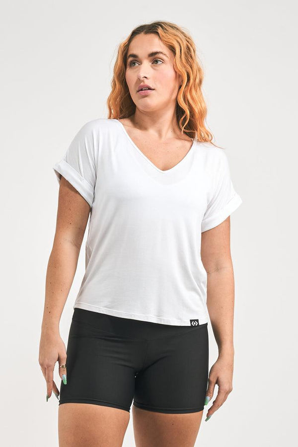 White Slinky To Touch - V Neck Cuffed Sleeve Tee-Activewear-Exoticathletica