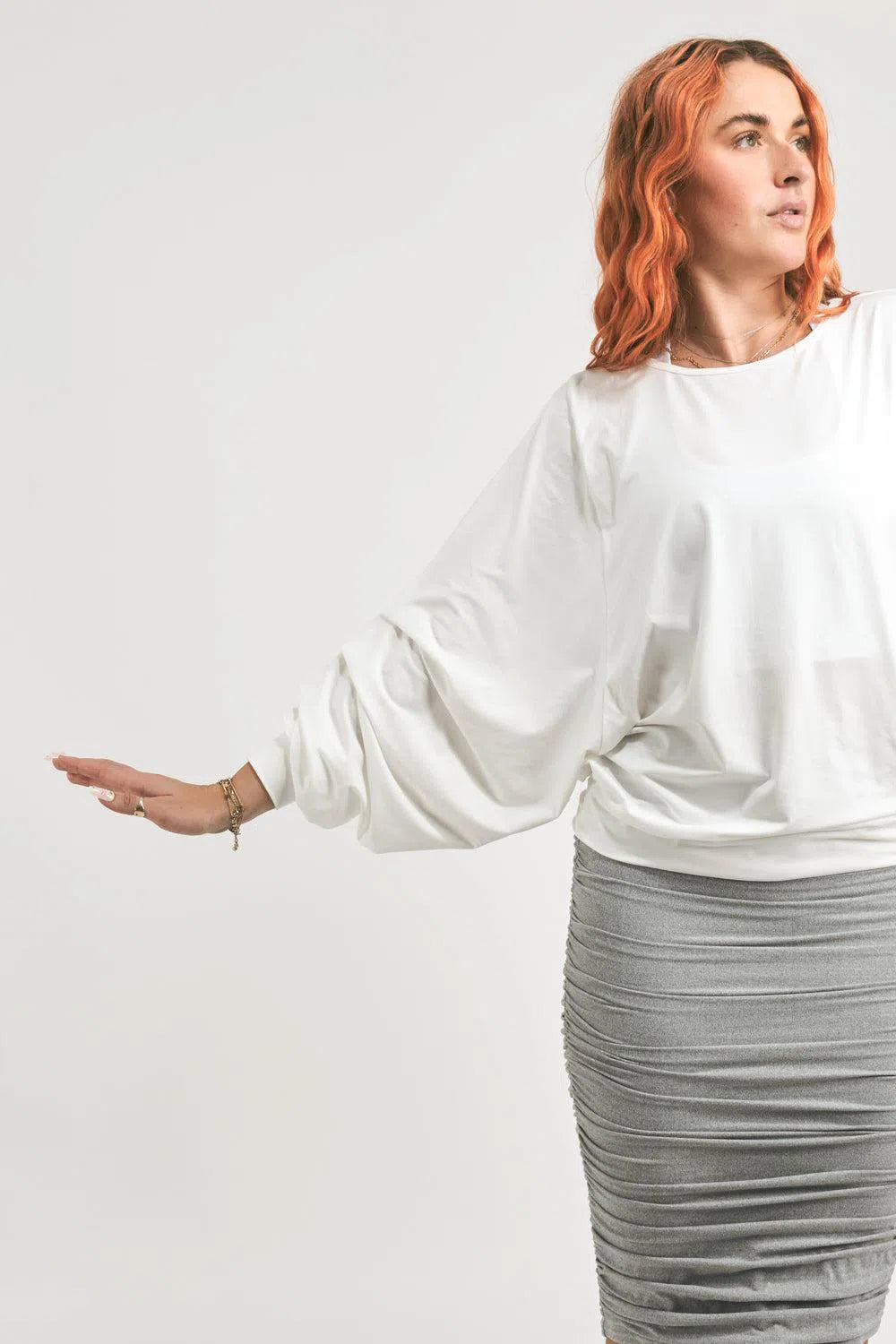 White Soft To Touch - Batwing Cinched Sleeve Sweater-Activewear-Exoticathletica