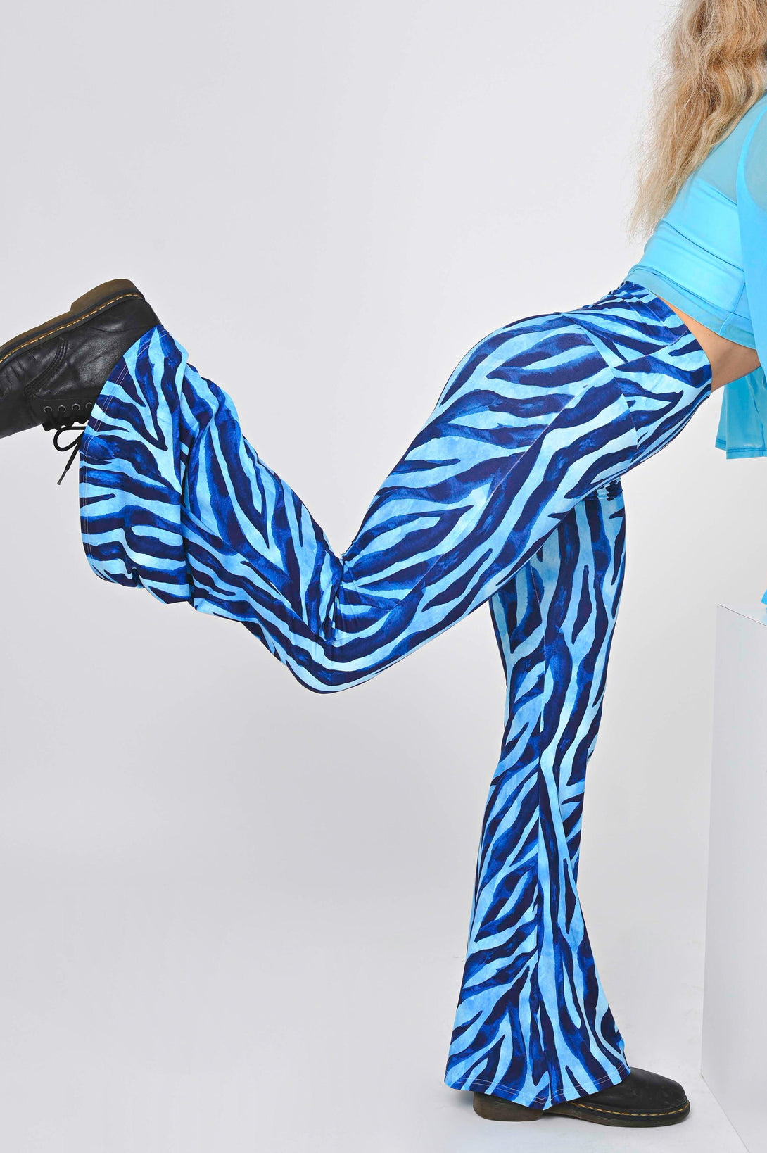 Wild Zebra Blue Soft To Touch - High Waisted Bells-Activewear-Exoticathletica
